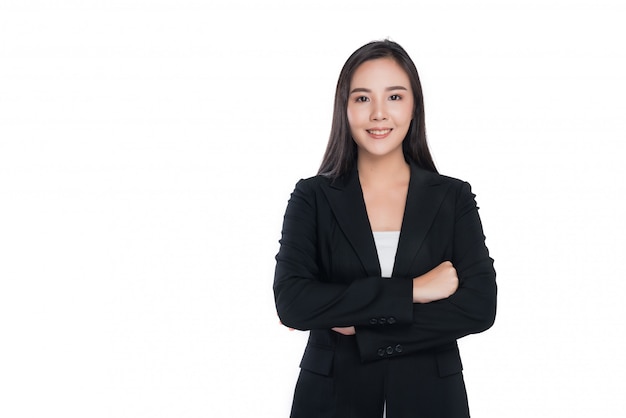 Retrato de mujer de negocios sobre fondo blanco.