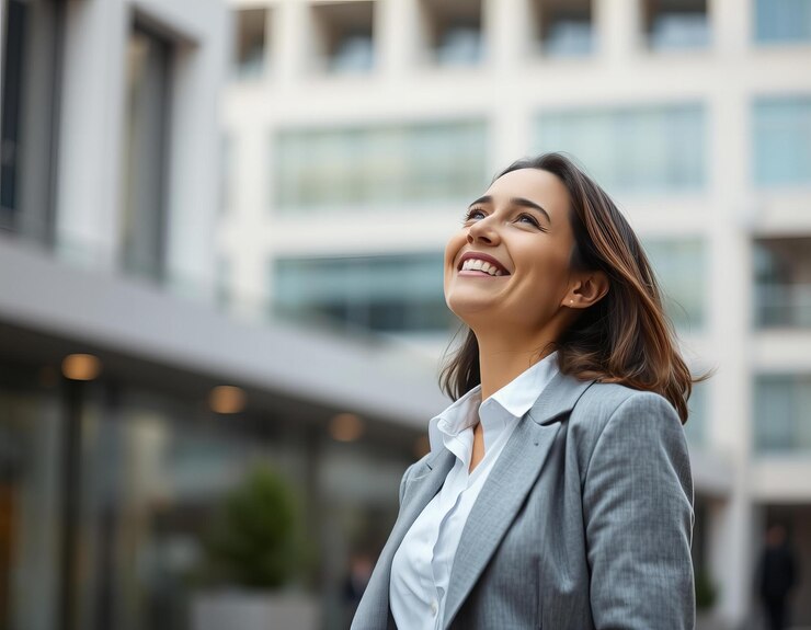 Retrato de una mujer de negocios sonriendo en un entorno callejero