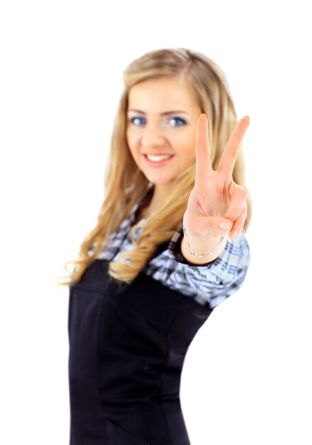 Foto retrato de mujer de negocios sonriente. fondo blanco.