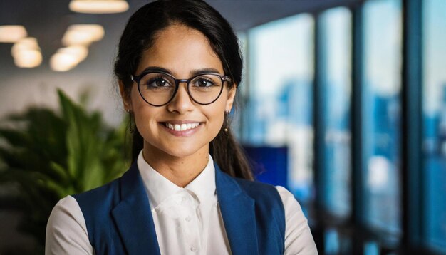 Retrato de una mujer de negocios sonriente con gafas de pie en la oficina