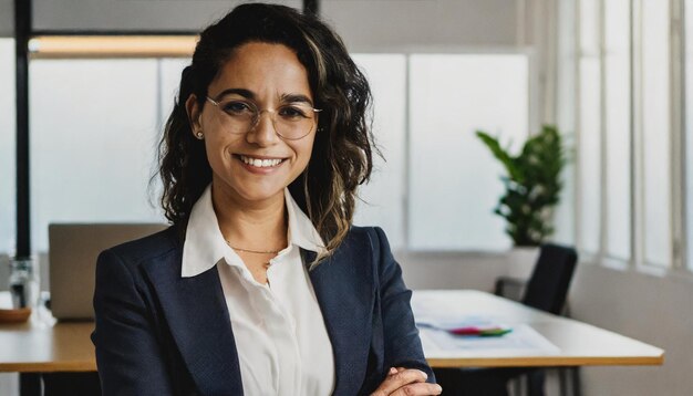 Retrato de una mujer de negocios sonriente mirando a la cámara mientras está de pie en la oficina