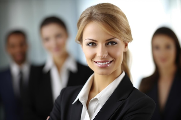 Retrato de una mujer de negocios sonriente con sus colegas en el fondo creado con IA generativa