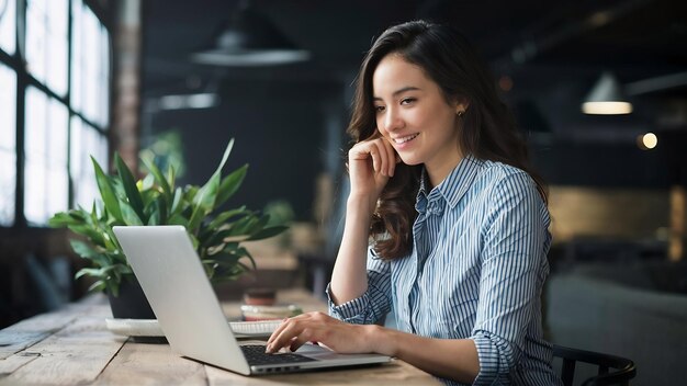 Retrato de una mujer de negocios trabajando en una computadora portátil