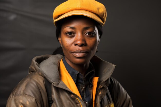 Foto retrato de una mujer negra con una boina amarilla