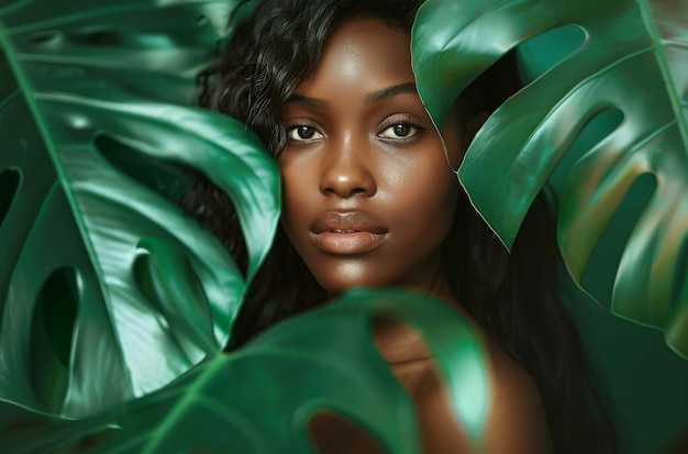 Retrato de mujer negra y hoja de palma para la belleza natural cosmética sostenible y dermatología con