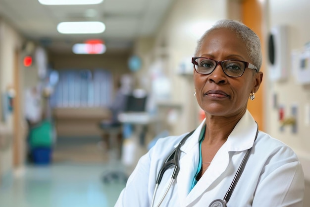 retrato de una mujer negra de mediana edad con gafas en el fondo del hospital