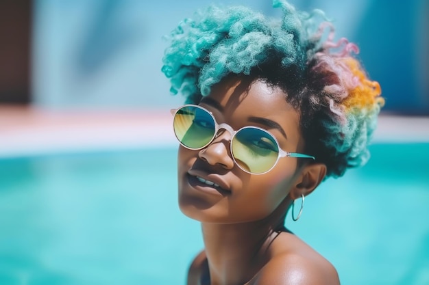 Retrato de mujer negra sonriente con gafas de sol de moda y cabello vívido junto a la piscina de vacaciones disfruta de la ilustración generativa de IA