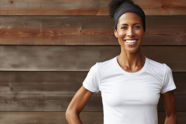 Retrato de una mujer negra sonriente con una maqueta de camiseta blanca transparente sobre un fondo de madera