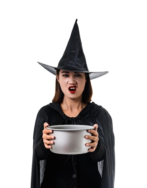 Foto retrato de mujer en negro scary bruja disfraz de halloween de pie con sombrero