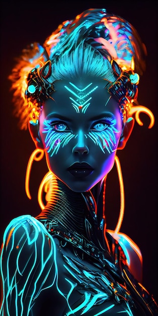 Retrato de una mujer de neón bioluminiscente de fantasía mística