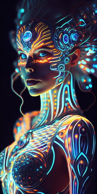 Retrato de una mujer de neón bioluminiscente de fantasía mística