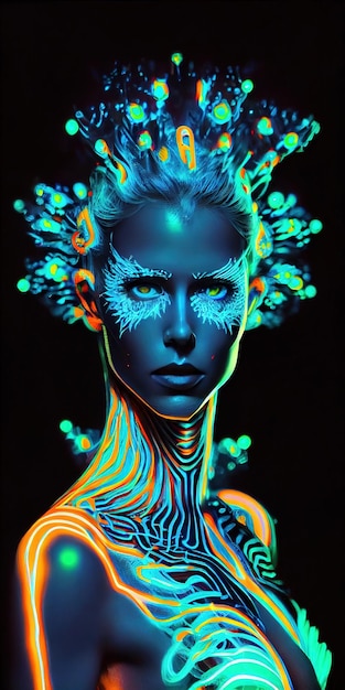 Retrato de una mujer de neón bioluminiscente de fantasía mística