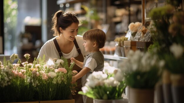 Foto retrato de una mujer con un niño eligiendo un ramo en una floristería