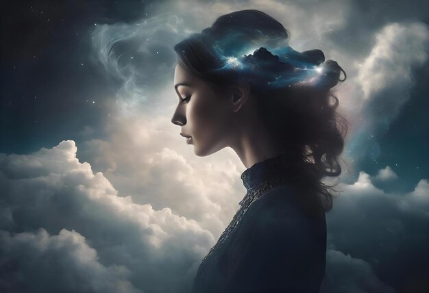 retrato de una mujer con nubes