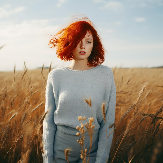 Retrato de una mujer pelirroja en un campo de trigo