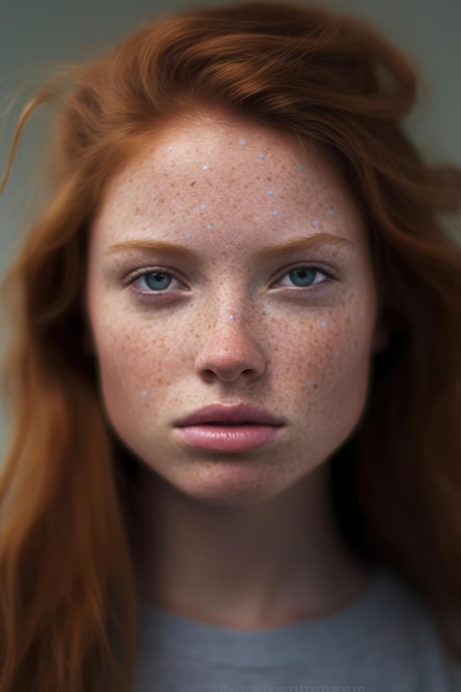 Retrato de una mujer pelirroja con ojos azules y pecas creado utilizando tecnología de IA generativa