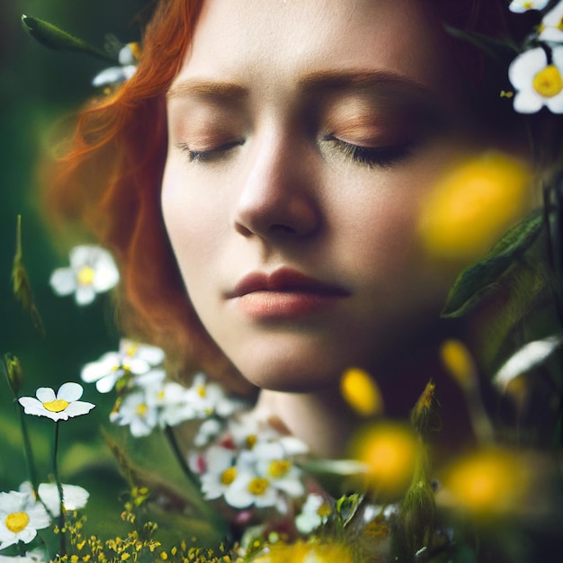 Retrato de mujer pelirroja con los ojos cerrados y flores en representación 3d de fondo