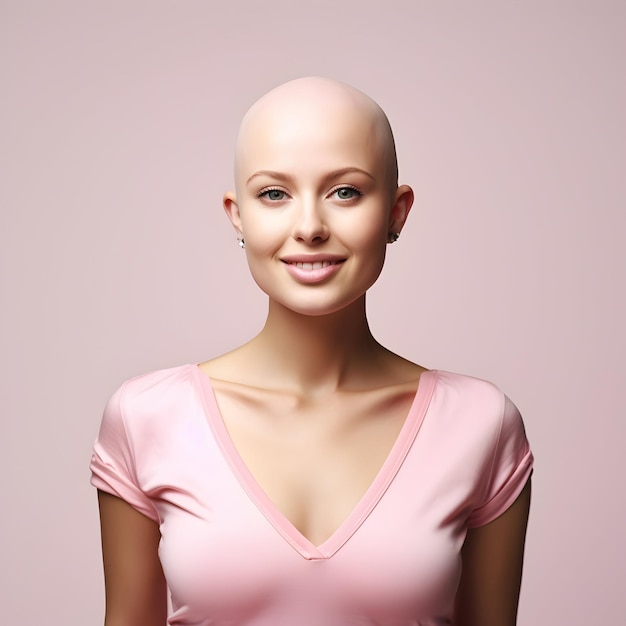 Retrato de una mujer sin pelo con cáncer de piel en las redes sociales del Día Mundial del Cáncer