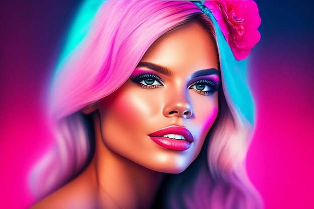 Un retrato de una mujer con el pelo rosa y una flor en la cabeza.