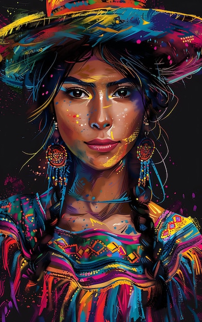 Foto retrato de una mujer peruana con una camiseta tradicional de polla de polla diseño de arte de tatuaje marcos de tinta