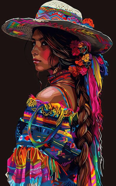 Retrato de una mujer peruana con una camiseta tradicional de polla de polla diseño de arte de tatuaje marcos de tinta