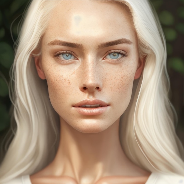 Un retrato de una mujer con piel pálida y pecas.