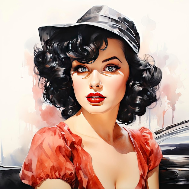 Retrato de mujer pinup en acuarelas sobre fondo blanco