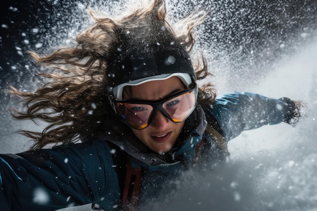 Retrato de una mujer practicante de snowboard con gafas protectoras y traje de snowboard Una mujer montando una tabla de snowboard en la nieve con el rostro contraído por la emoción y la determinación Generado por IA