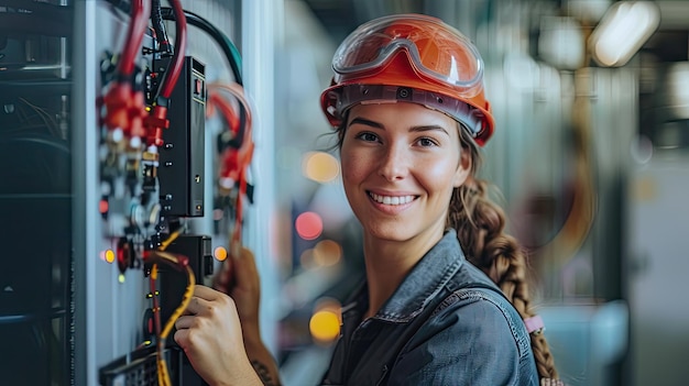 Retrato de una mujer que trabaja como electricista o ingeniero sonriendo profesional