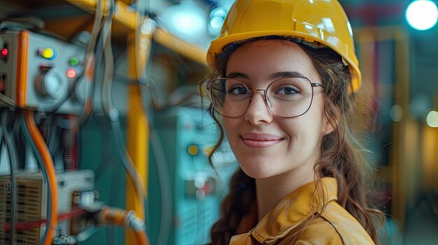 Retrato de una mujer que trabaja como electricista o ingeniero sonriendo profesional