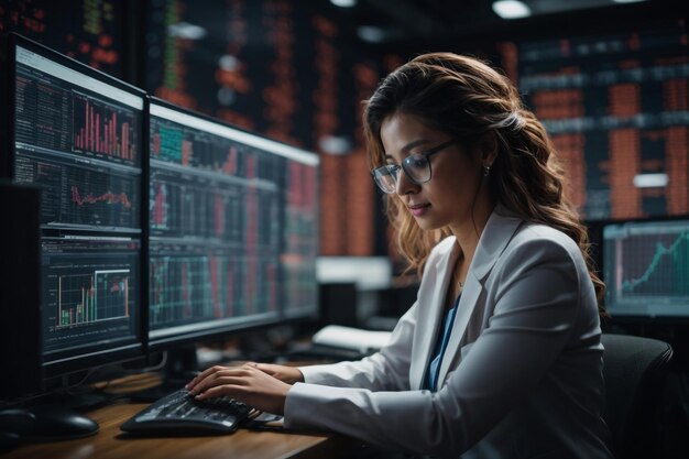 Foto retrato de una mujer que trabaja en una computadora escribiendo líneas de código que aparecen en grandes pantallas circundantes