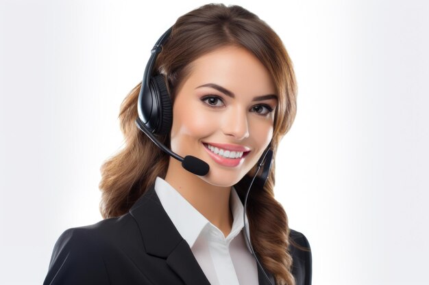 Retrato de una mujer que trabaja en servicio al cliente en un centro de llamadas con fondo blanco IA generativa