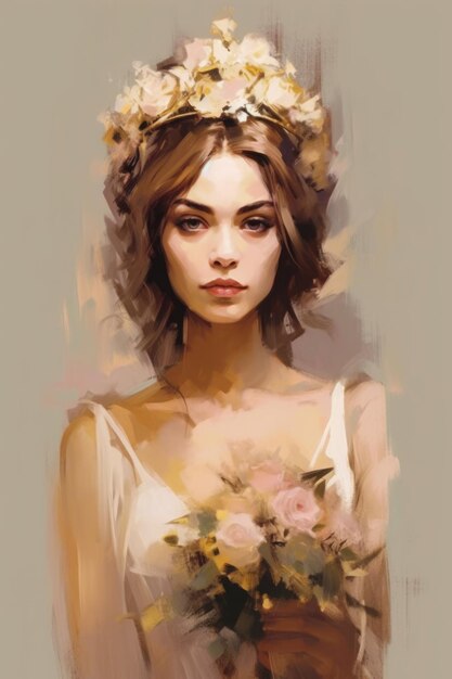 Un retrato de una mujer con un ramo de flores.