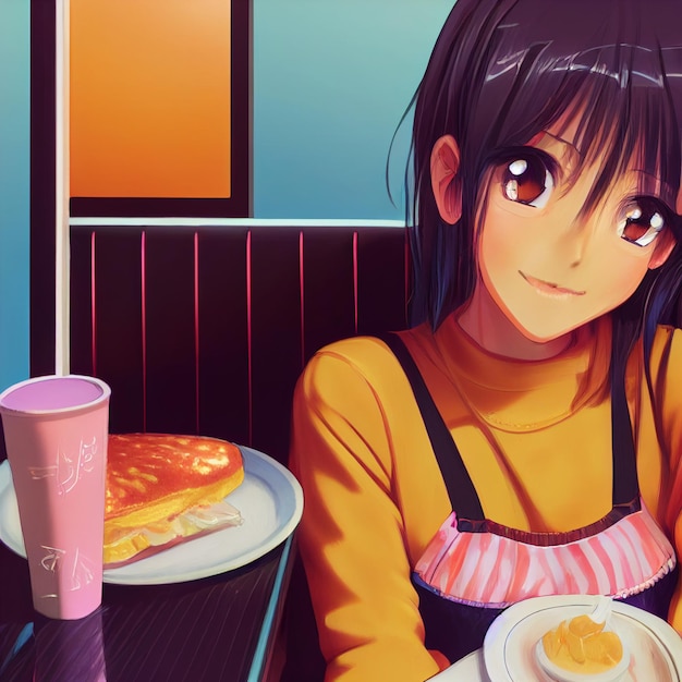 Retrato de mujer en restaurante estilo anime o manga