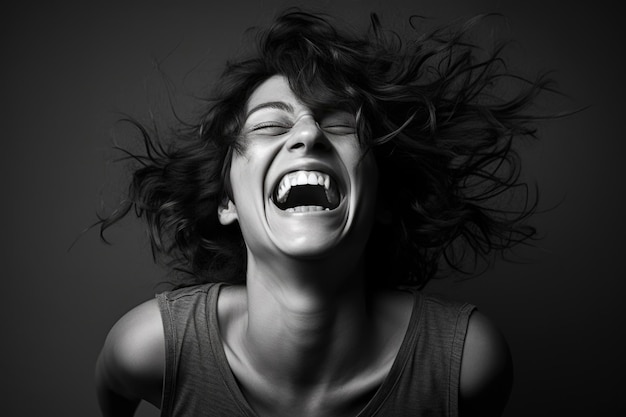 Retrato de una mujer riendo alegre sobre un fondo negro Expresión