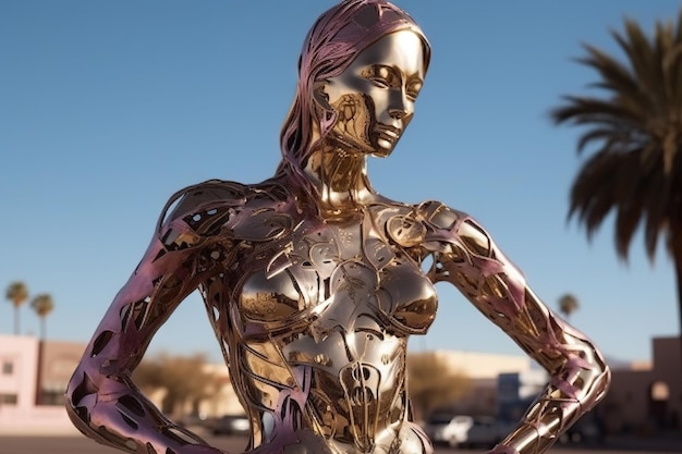 Retrato de mujer robot Crome en la ciudad Aumento de la inteligencia artificial y belleza mecánica brillante IA generada