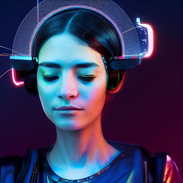 Retrato de mujer robótica cyberpunk futurista representación 3d