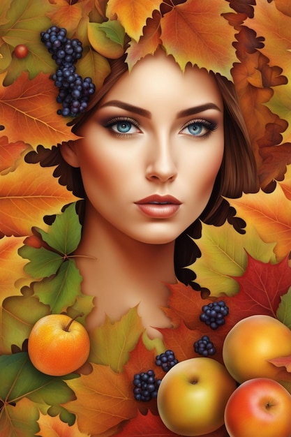 Retrato de una mujer rodeada de hojas de otoño, vegetación y frutos, estado mental del período otoñal.