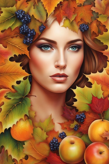 Retrato de una mujer rodeada de hojas de otoño, vegetación y frutos, estado mental del período otoñal.