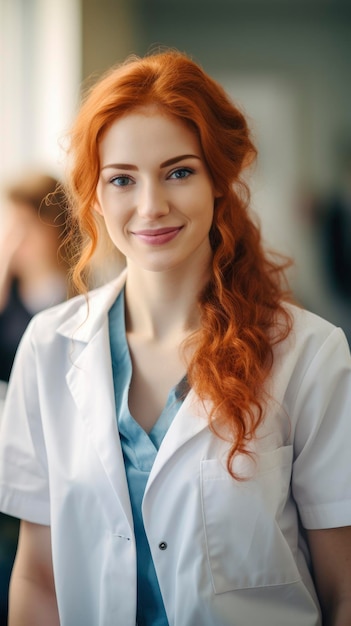 Retrato de una mujer roja joven y sonriente.