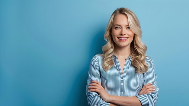 Retrato de una mujer rubia feliz de pie sobre un fondo azul