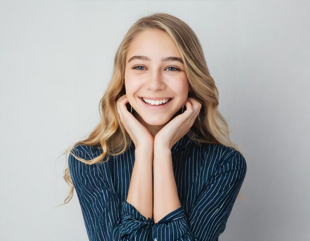 retrato de una mujer rubia manos en la barbilla mujer joven alegre feliz chica bonita sonriendo riendo looki