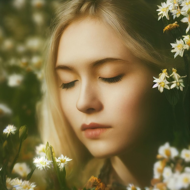 Retrato de mujer rubia con los ojos cerrados y flores en representación 3d de fondo
