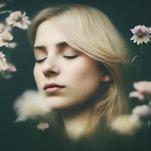 Retrato de mujer rubia con los ojos cerrados y flores en representación 3d de fondo