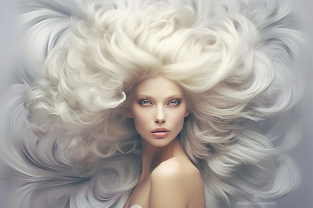 Retrato de una mujer rubia con el pelo grande y hermoso revoloteando en el viento generación de IA