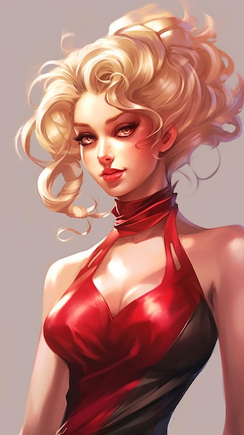 Retrato de una mujer rubia con vestido rojo Pintura de anime hiperreal