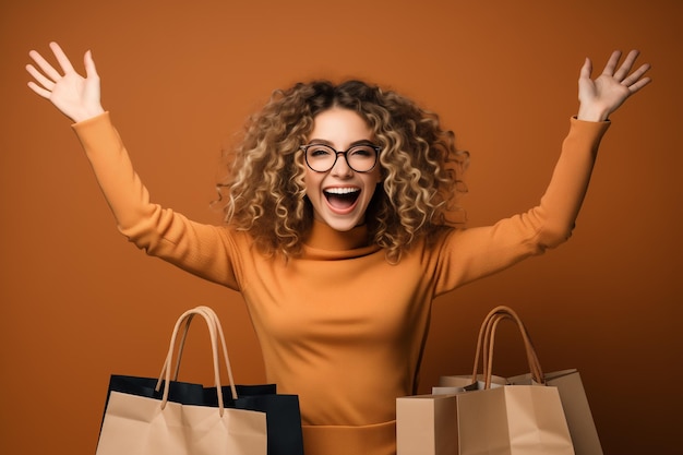 retrato de una mujer satisfecha con las manos levantadas y bolsas de papel