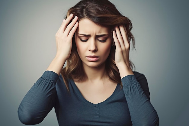 Retrato de una mujer saturada de problemas con un dolor de cabeza