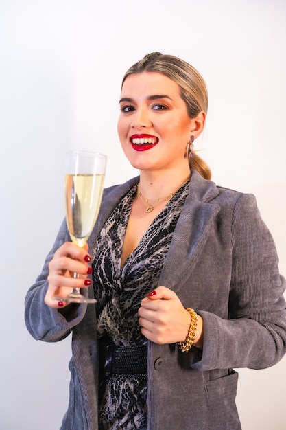 Retrato de una mujer segura con una copa de champán