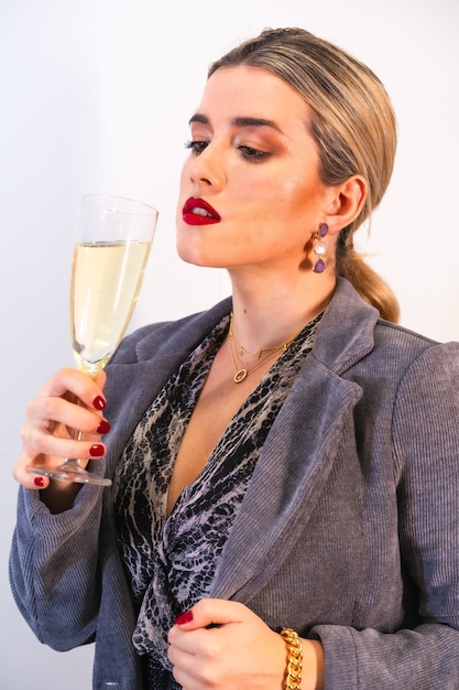 Retrato de una mujer segura con una copa de champán